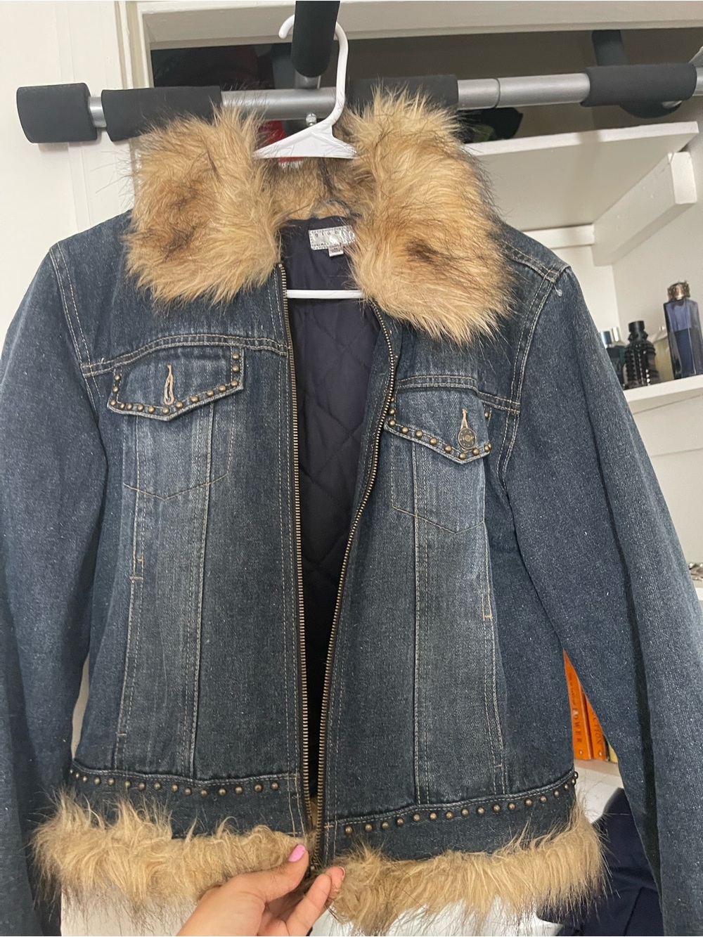 Gallery Dark Blue Denim Jacket with Tan Faux Fur Trim